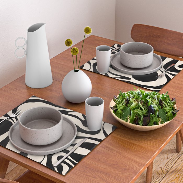 Mod Swirl Retro Abstract Pattern in Black and Almond Cream Placemat Gallery Image 2