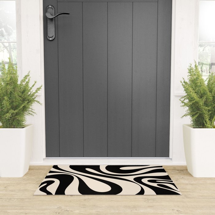 Mod Swirl Retro Abstract Pattern in Black and Almond Cream Welcome Mat Gallery Image 3