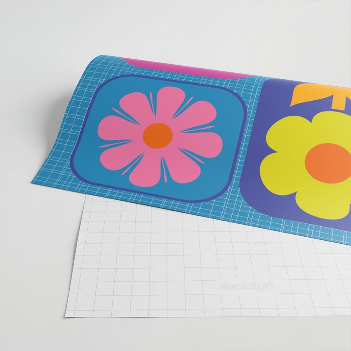 Retro Flower Patch Colorful Flowers on Blue Wrapping Paper Gallery Image 2