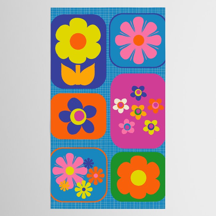 Retro Flower Patch Colorful Flowers on Blue Tablecloth Gallery Image 2