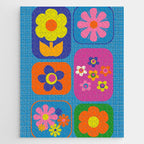 Retro Flower Patch Colorful Flowers on Blue Jigsaw Puzzle Gallery Image 1