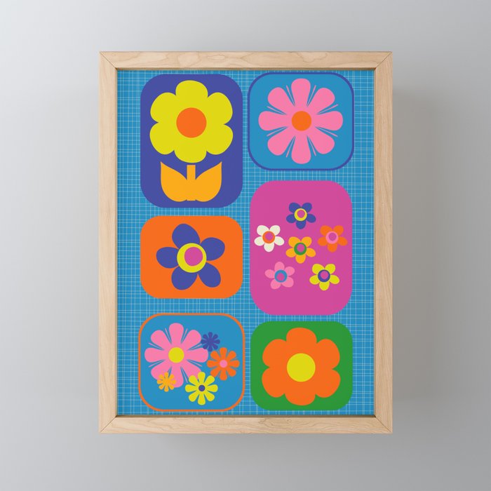 Retro Flower Patch Colorful Flowers on Blue Mini Art Print Gallery Image 1