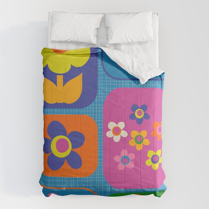 Retro Flower Patch Colorful Flowers on Blue Comforter Gallery Image 6