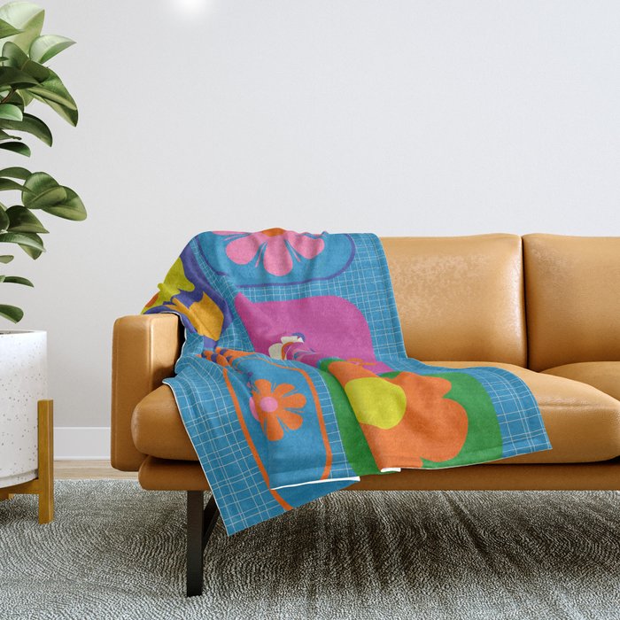 Retro Flower Patch Colorful Flowers on Blue Throw Blanket Gallery Image 1
