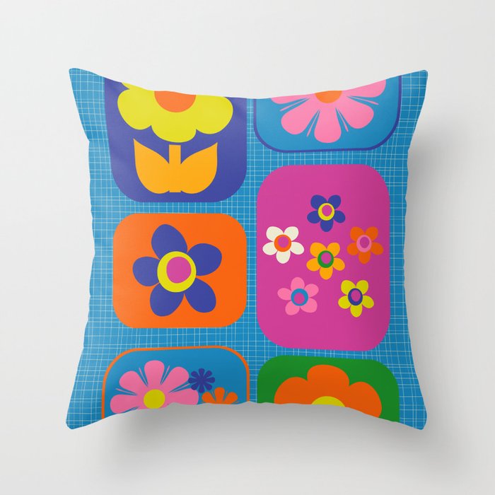 Retro Flower Patch Colorful Flowers on Blue Throw Pillow Gallery Image 6