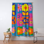 Retro Flower Patch Colorful Flowers on Blue Window Curtain Gallery Image 5