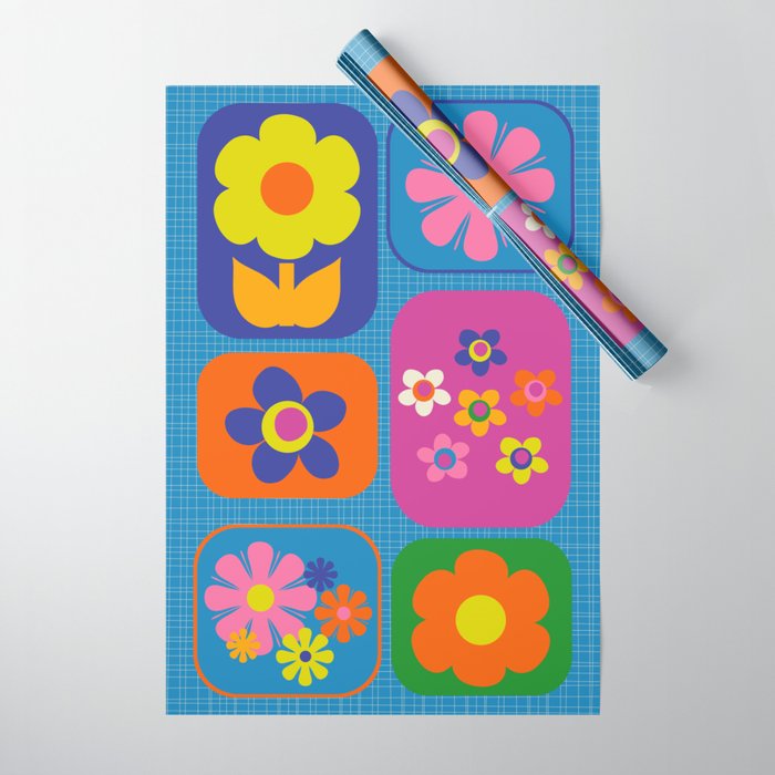 Retro Flower Patch Colorful Flowers on Blue Wrapping Paper Gallery Image 1