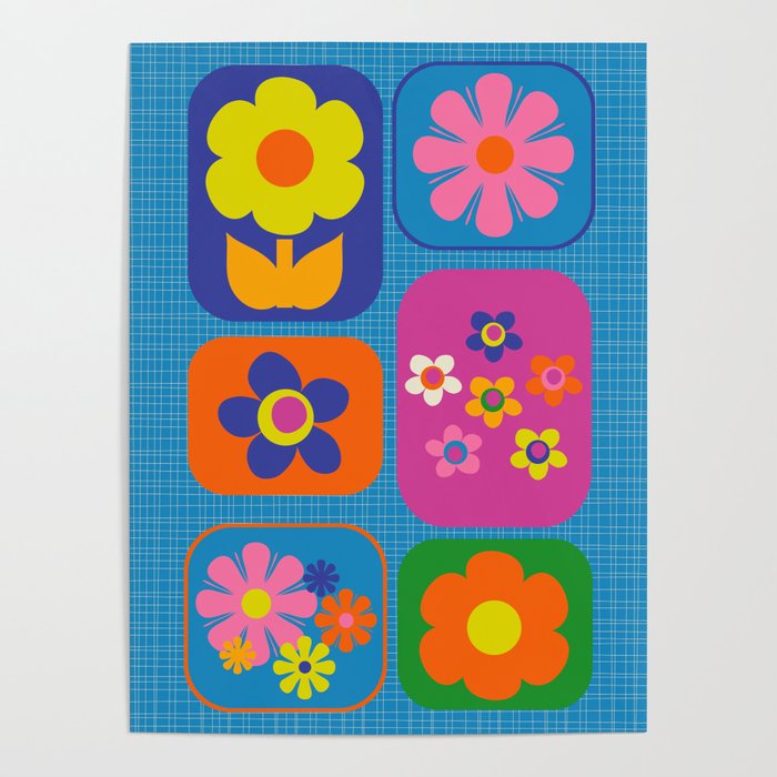 Retro Flower Patch Colorful Flowers on Blue Poster Gallery Image 1