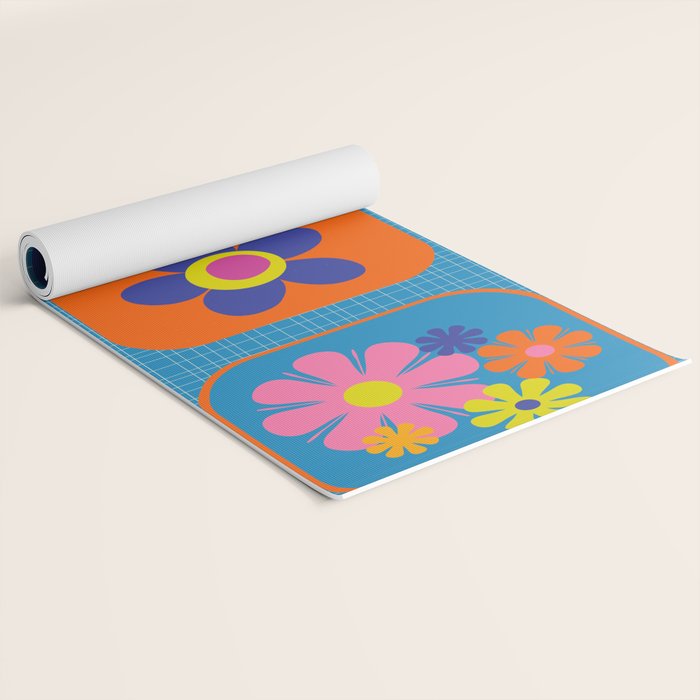 Retro Flower Patch Colorful Flowers on Blue Yoga Mat Gallery Image 2