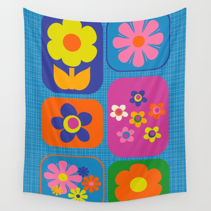 Retro Flower Patch Colorful Flowers on Blue Wall Tapestry Gallery Image 4