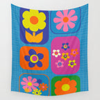 Retro Flower Patch Colorful Flowers on Blue Wall Tapestry Gallery Image 4