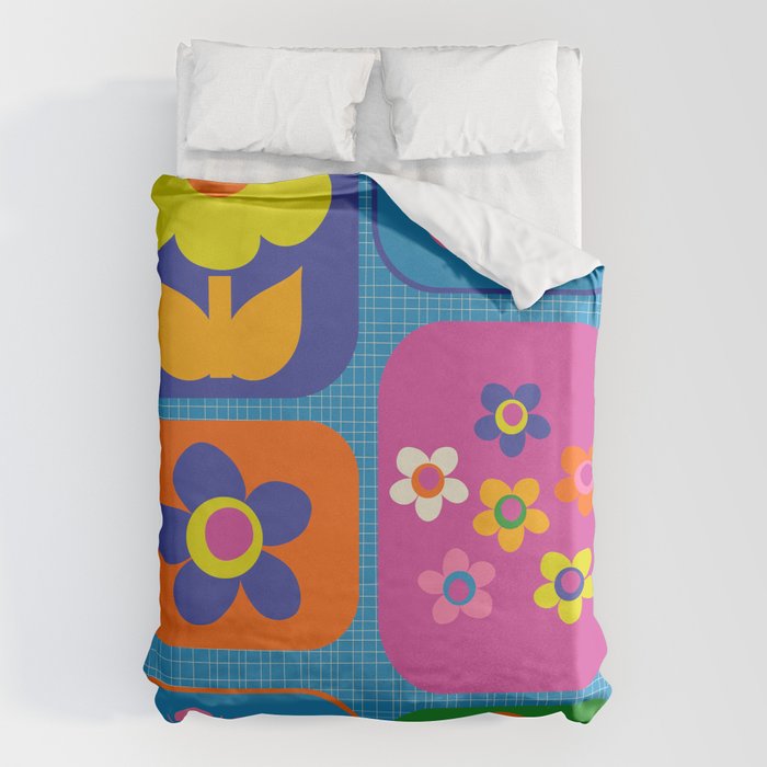 Retro Flower Patch Colorful Flowers on Blue Duvet Cover Gallery Image 6