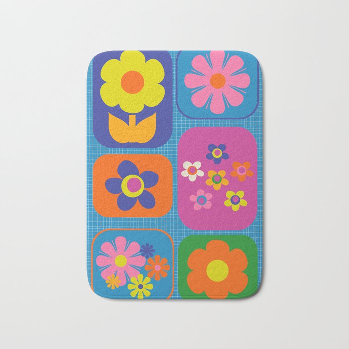 Retro Flower Patch Colorful Flowers on Blue Bath Mat Gallery Image 1