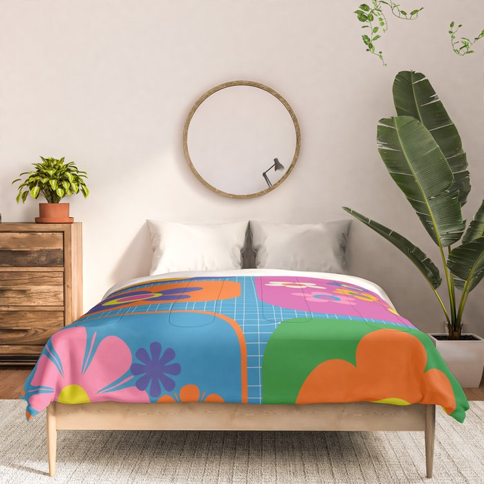 Retro Flower Patch Colorful Flowers on Blue Comforter Gallery Image 3