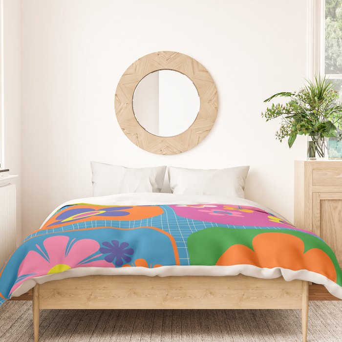 Retro Flower Patch Colorful Flowers on Blue Duvet Cover Gallery Image 3