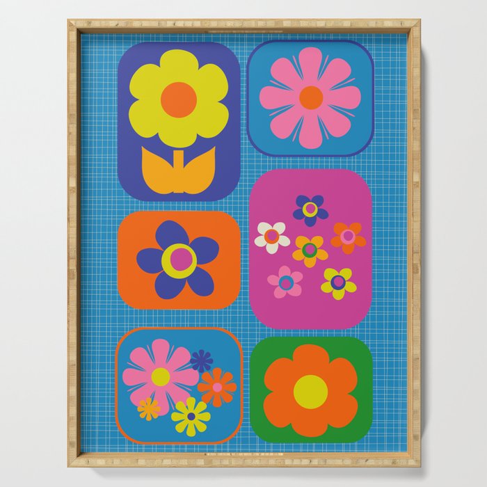 Retro Flower Patch Colorful Flowers On Blue Serving Tray
