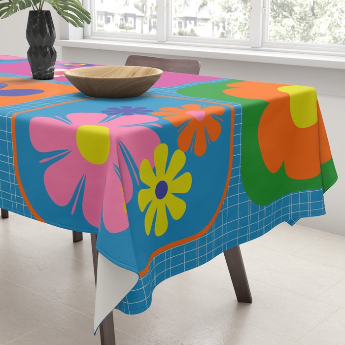 Retro Flower Patch Colorful Flowers on Blue Tablecloth Gallery Image 3