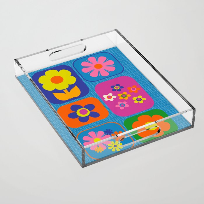 Retro Flower Patch Colorful Flowers on Blue Acrylic Tray Gallery Image 1