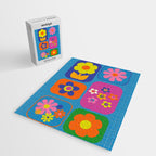 Retro Flower Patch Colorful Flowers on Blue Jigsaw Puzzle Gallery Image 2