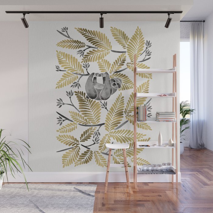 Happy Sloth - Tropical Gold Leaves Wall Mural Gallery Image 1