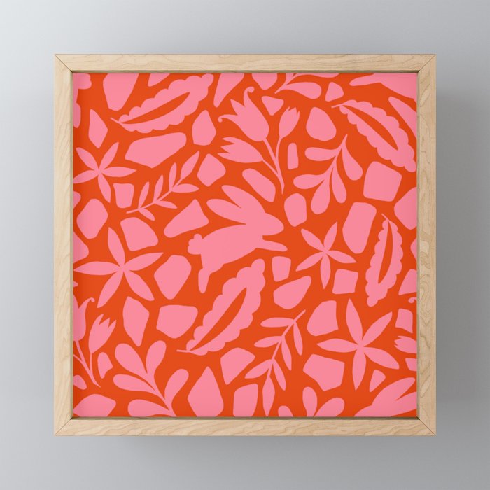 Folk Art Bunnies - Tomato and Pink Mini Art Print Gallery Image 1