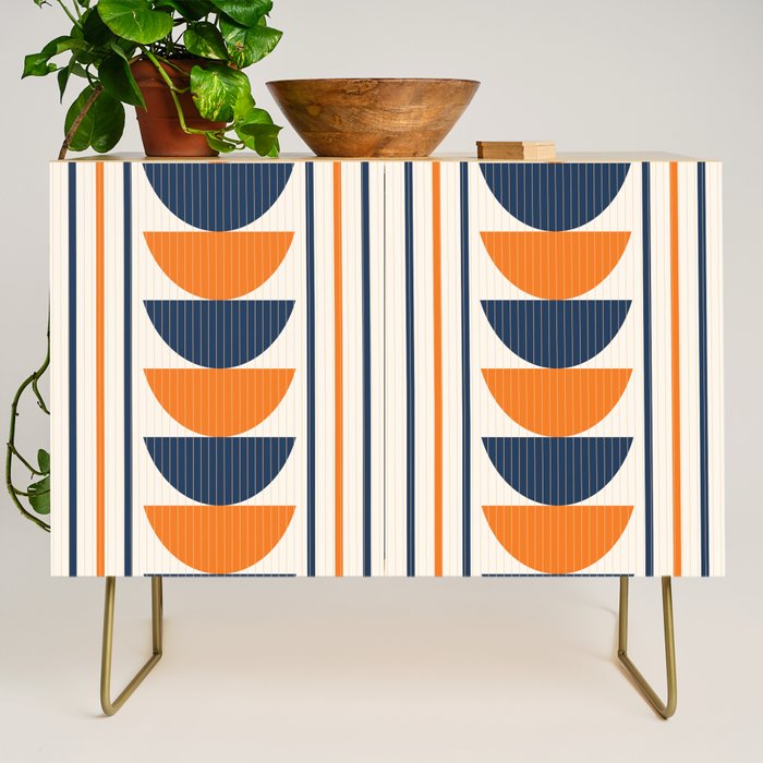 Abstract Shapes 76 in Orange and Navy Blue (Moon Phase Geometric Abstraction) Credenza Gallery Image 1