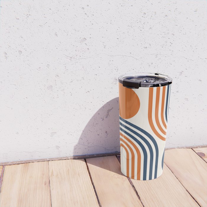 Mid Century Modern Geometric 450 in Navy Blue and Orange (Rainbow and Sun Abstraction) Travel Mug Gallery Image 4