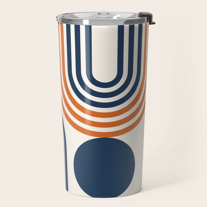 Mid Century Modern Geometric 450 in Navy Blue and Orange (Rainbow and Sun Abstraction) Travel Mug Gallery Image 2