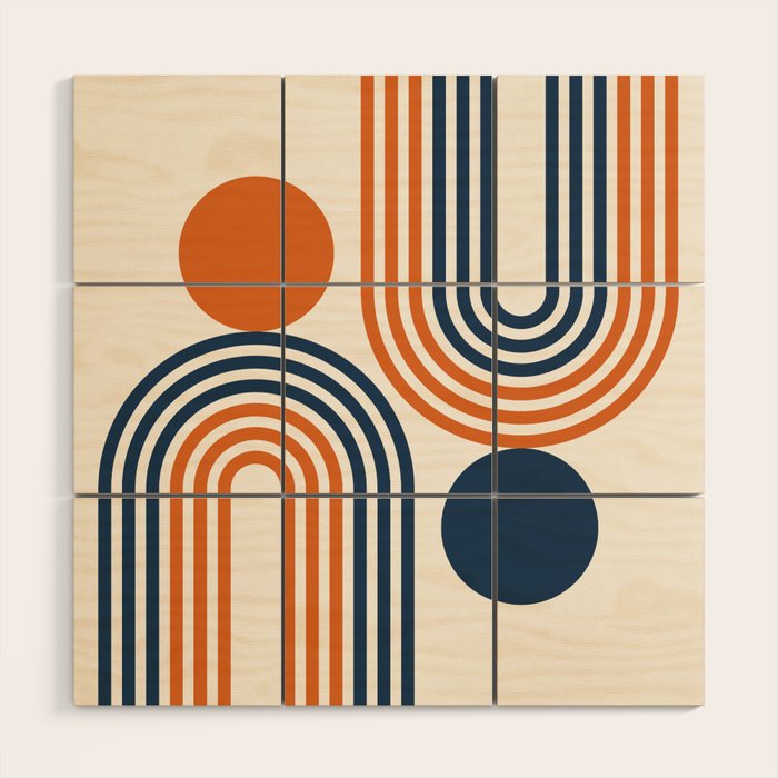 Mid Century Modern Geometric 450 in Navy Blue and Orange (Rainbow and Sun Abstraction) Wood Wall Art Gallery Image 1