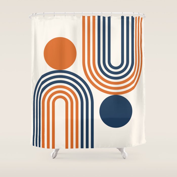 Mid Century Modern Geometric 450 in Navy Blue and Orange (Rainbow and Sun Abstraction) Shower Curtain Gallery Image 1