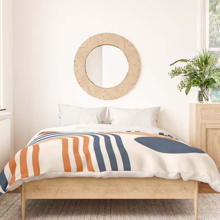 Mid Century Modern Geometric 450 in Navy Blue and Orange (Rainbow and Sun Abstraction) Duvet Cover Gallery Image 3