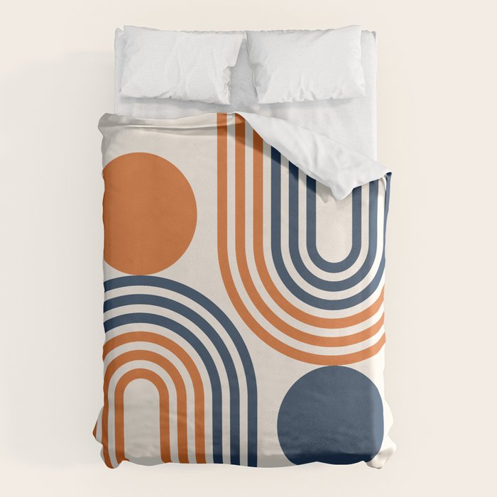 Mid Century Modern Geometric 450 in Navy Blue and Orange (Rainbow and Sun Abstraction) Duvet Cover Gallery Image 6