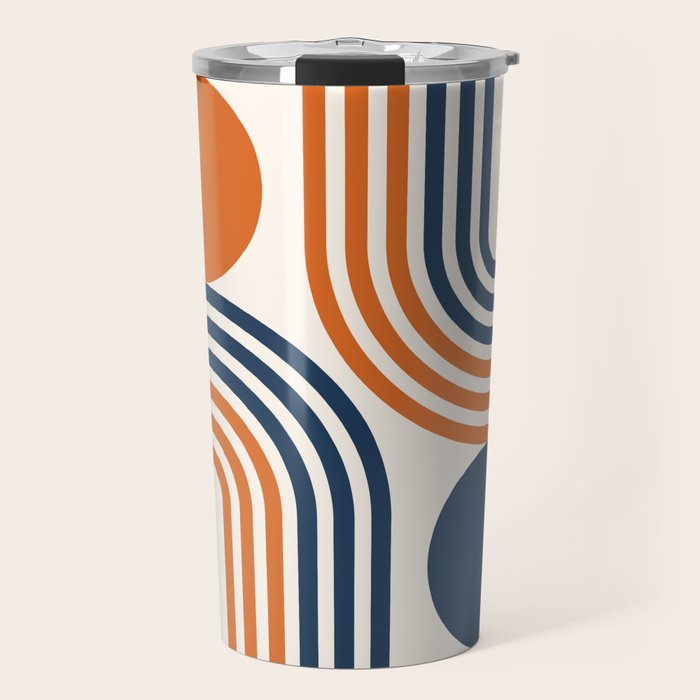 Mid Century Modern Geometric 450 in Navy Blue and Orange (Rainbow and Sun Abstraction) Travel Mug Gallery Image 1
