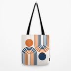 Mid Century Modern Geometric 450 in Navy Blue and Orange (Rainbow and Sun Abstraction) Tote Bag Gallery Image 2