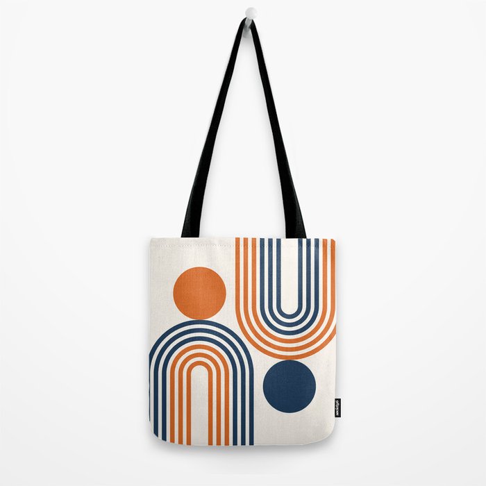 Mid Century Modern Geometric 450 in Navy Blue and Orange (Rainbow and Sun Abstraction) Tote Bag Gallery Image 2
