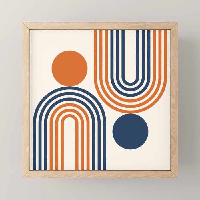 Mid Century Modern Geometric 450 in Navy Blue and Orange (Rainbow and Sun Abstraction) Mini Art Print Gallery Image 1