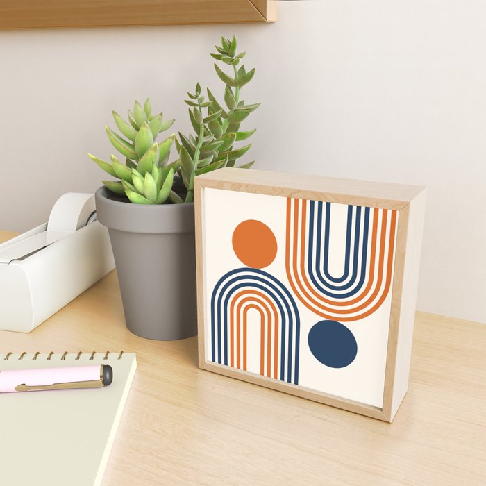 Mid Century Modern Geometric 450 in Navy Blue and Orange (Rainbow and Sun Abstraction) Mini Art Print Gallery Image 2