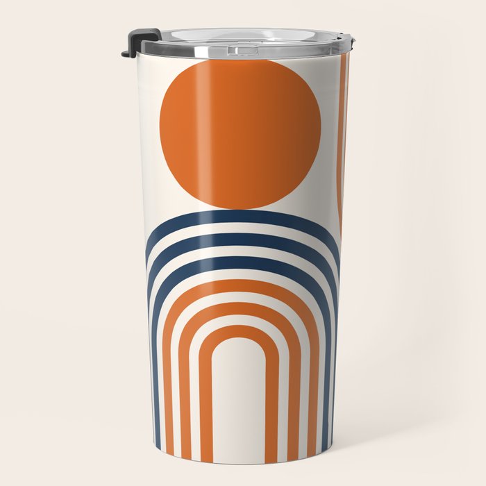 Mid Century Modern Geometric 450 in Navy Blue and Orange (Rainbow and Sun Abstraction) Travel Mug Gallery Image 3