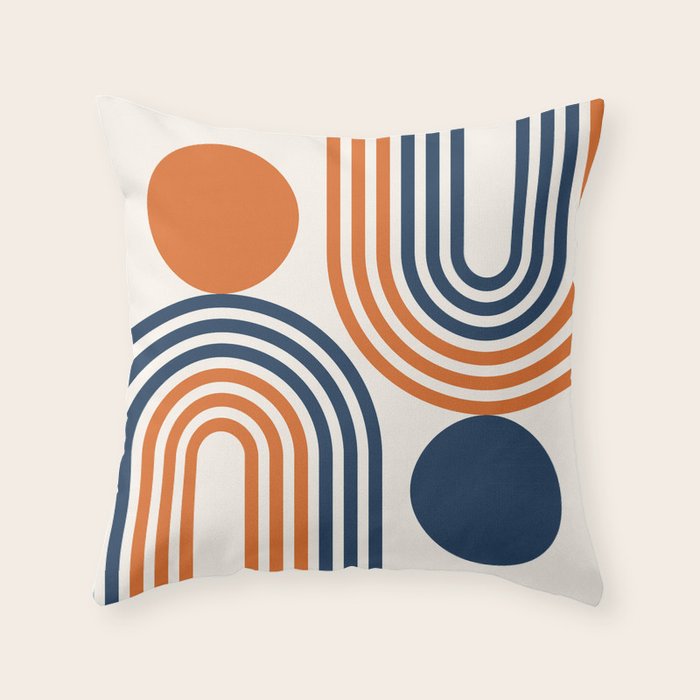Mid Century Modern Geometric 450 in Navy Blue and Orange (Rainbow and Sun Abstraction) Throw Pillow Gallery Image 1