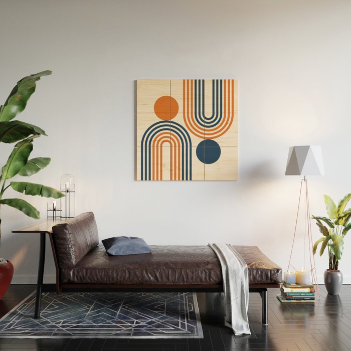 Mid Century Modern Geometric 450 in Navy Blue and Orange (Rainbow and Sun Abstraction) Wood Wall Art Gallery Image 2