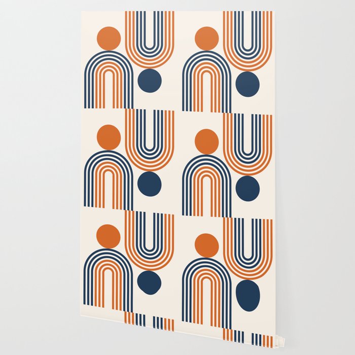 Mid Century Modern Geometric 450 in Navy Blue and Orange (Rainbow and Sun Abstraction) Wallpaper Gallery Image 2