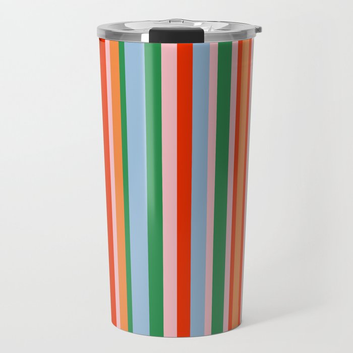 Colorful Vertical Stripe Pattern in Orange, Green, Pale Pink, and Baby Blue Travel Mug Gallery Image 1