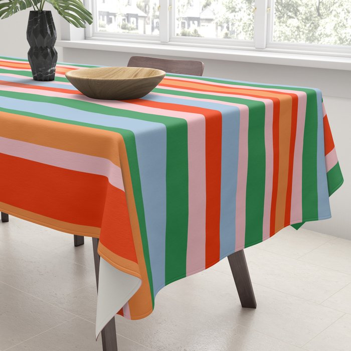 Colorful Vertical Stripe Pattern in Orange, Green, Pale Pink, and Baby Blue Tablecloth Gallery Image 3