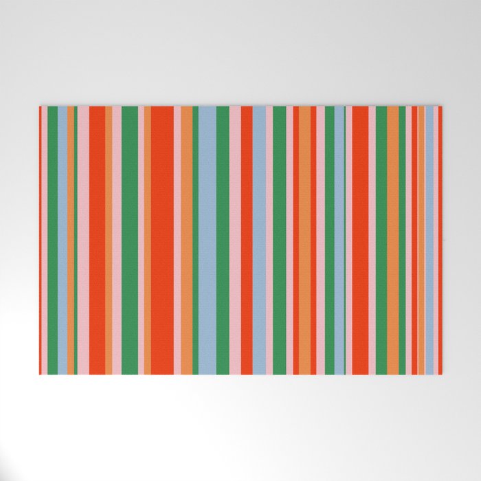 Colorful Vertical Stripe Pattern in Orange, Green, Pale Pink, and Baby Blue Welcome Mat Gallery Image 1