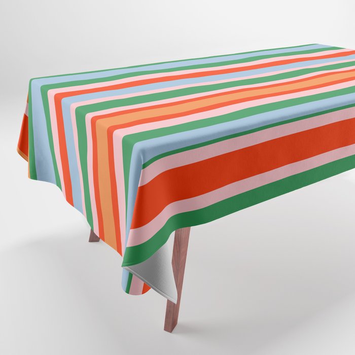 Colorful Vertical Stripe Pattern in Orange, Green, Pale Pink, and Baby Blue Tablecloth Gallery Image 1
