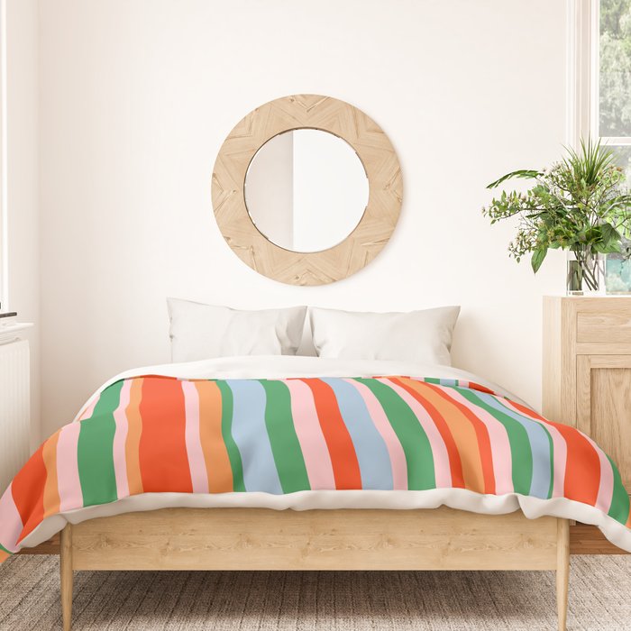 Colorful Vertical Stripe Pattern in Orange, Green, Pale Pink, and Baby Blue Duvet Cover Gallery Image 3