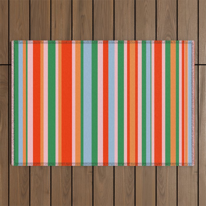 Colorful Vertical Stripe Pattern in Orange, Green, Pale Pink, and Baby Blue Outdoor Rug Gallery Image 1