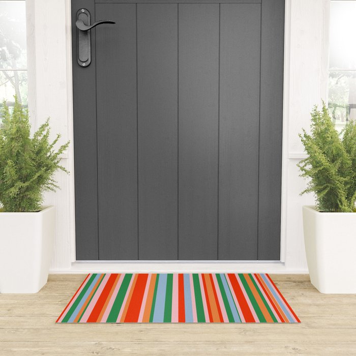 Colorful Vertical Stripe Pattern in Orange, Green, Pale Pink, and Baby Blue Welcome Mat Gallery Image 3