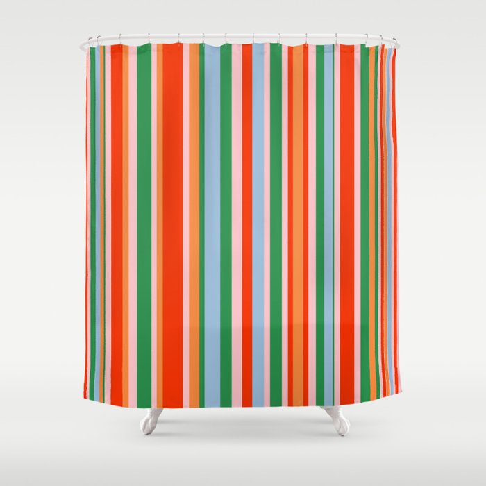 Colorful Vertical Stripe Pattern in Orange, Green, Pale Pink, and Baby Blue Shower Curtain Gallery Image 1