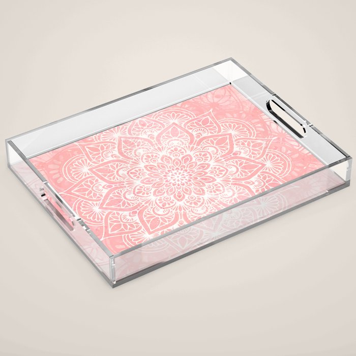 Mandala, Yoga Love, Coral, Wall Art Boho Acrylic Tray Gallery Image 1